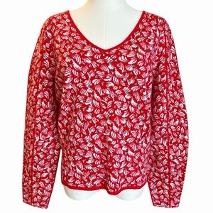 Anthropologie Red and White Leaf Pattern Sweater